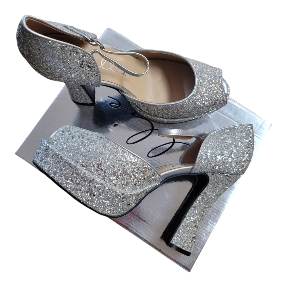 Ellie Heels Women's Size 11 Silver Open Toe With Buckle Ankle Straps 5.5" Shoe - Picture 9 of 13